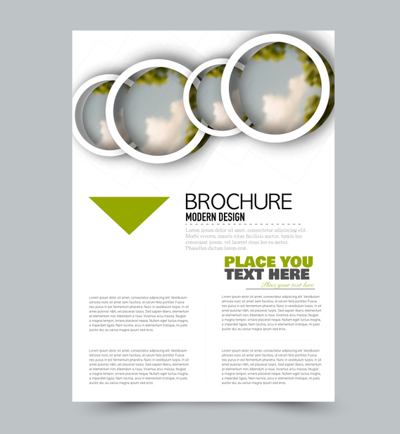 Green flyer design template with built in images. Brochure for business, education, presentation, advertisement. Corporate identity style concept. Editable vector illustration.