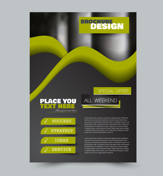 Black and green flyer design template with built in images. Brochure for business, education, presentation, advertisement. Corporate identity style concept. Editable vector illustration.