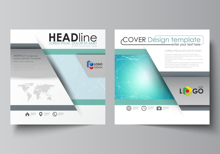 The minimalistic vector illustration of the editable layout of two square format covers design templates for brochure, flyer, magazine. Futuristic high tech background, dig data technology concept