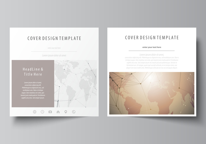 The minimalistic vector illustration of the editable layout of two square format covers design templates for brochure, flyer, booklet. Global network connections, technology background with world map