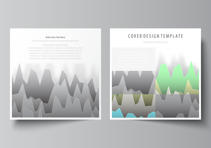 The minimalistic vector illustration of the editable layout of two square format covers design templates for brochure, flyer, magazine. Rows of colored diagram with peaks of different height